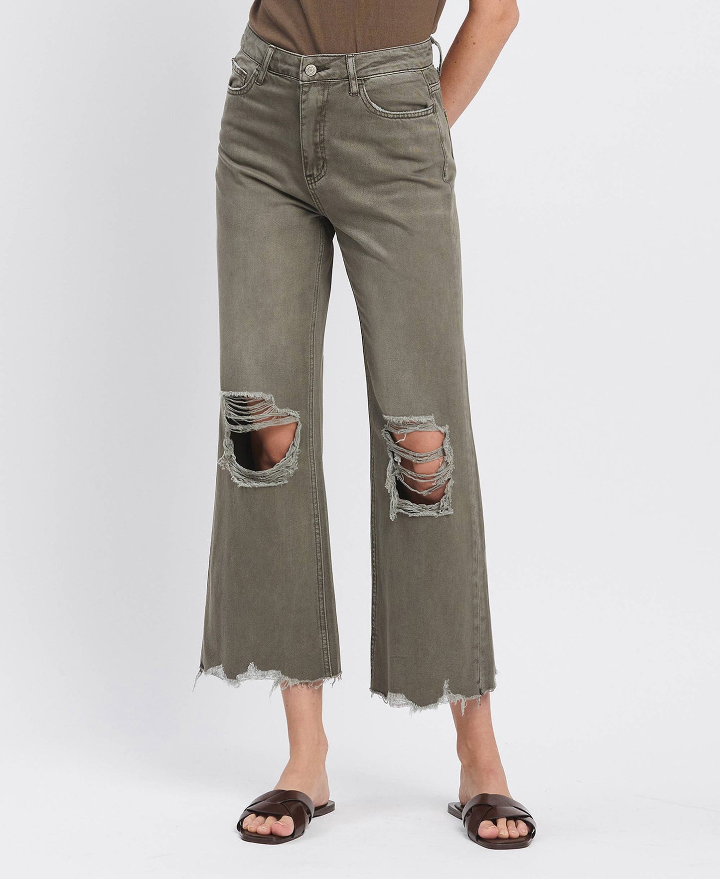 90'S VINTAGE SUPER HIGH RISE CROP FLARE JEANS IN OLIVE