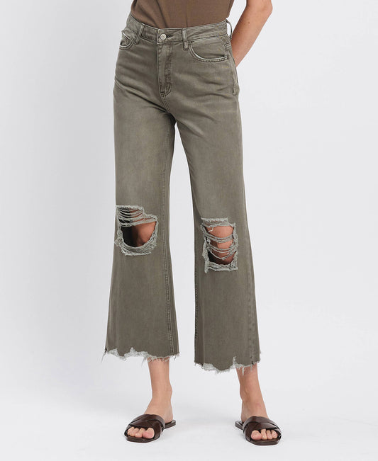 90'S VINTAGE SUPER HIGH RISE CROP FLARE JEANS IN OLIVE