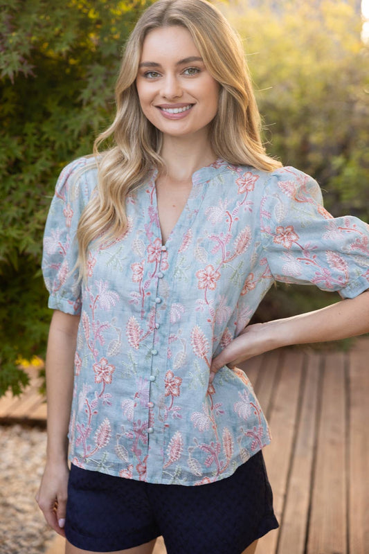 Floral Punch Embroidered Detail Button Down Top