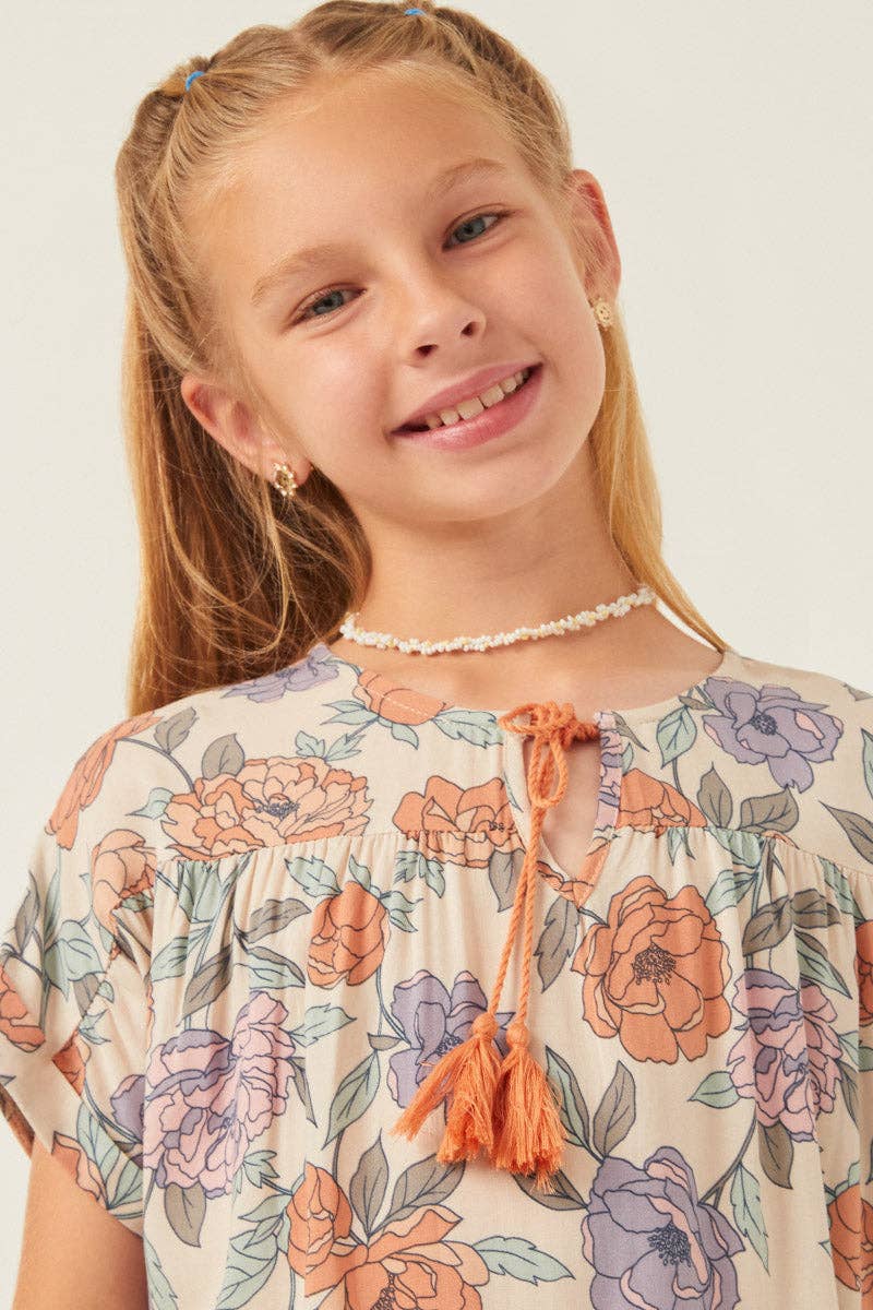 Girls Romantic Floral Tassled Short Sleeve Dolman