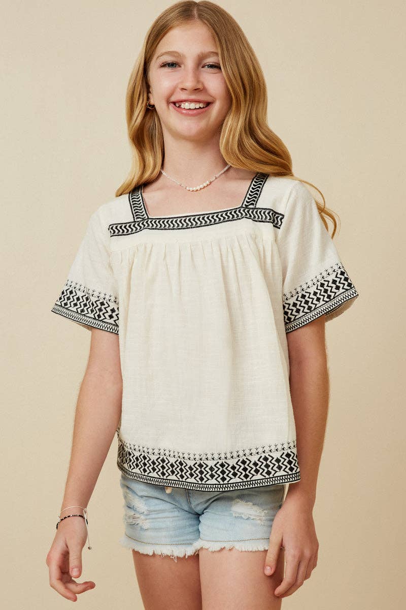 Girls Cotton Slub Textured Embroidered Square Neck Top