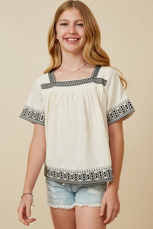 Girls Cotton Slub Textured Embroidered Square Neck Top