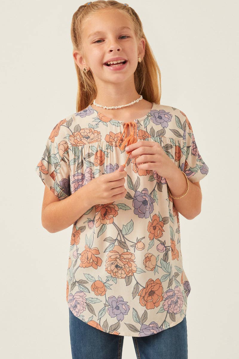 Girls Romantic Floral Tassled Short Sleeve Dolman