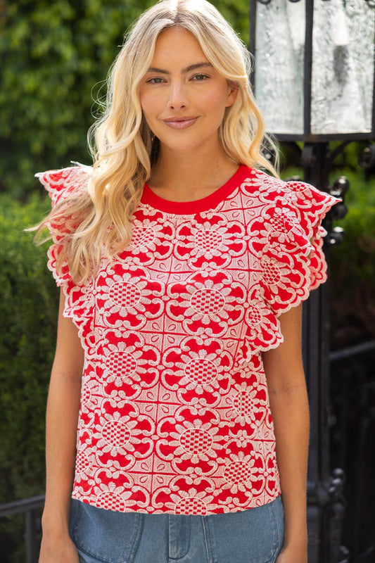 Scallop Ruffle Detail Floral Embroidered Top (Large Only)
