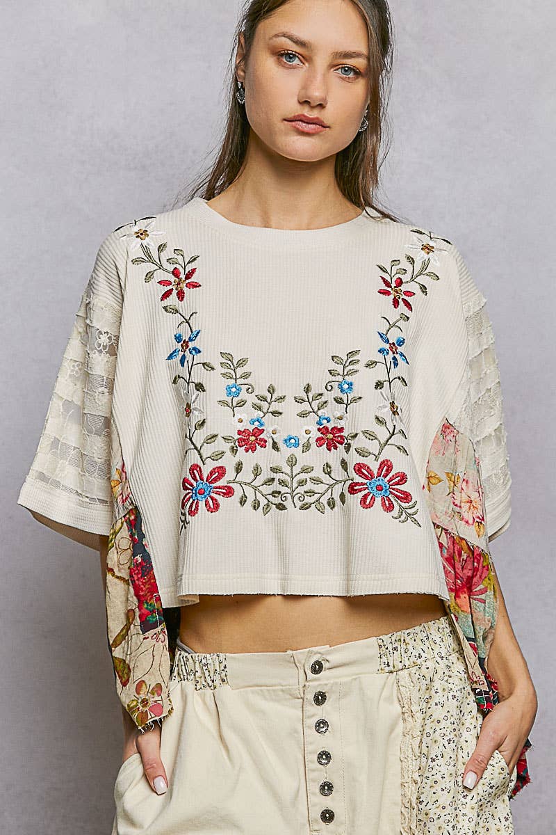 Boho Side Ruffle Detail Floral Embroidery Thermal Top
