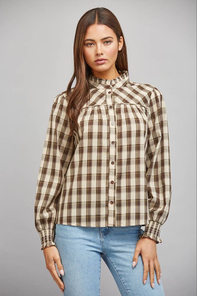 Cream and Cocoa Plaid Ruffle Blouse