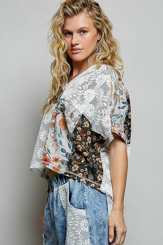 V-Neck Lace See Through Double Gauze Print Sleeveless