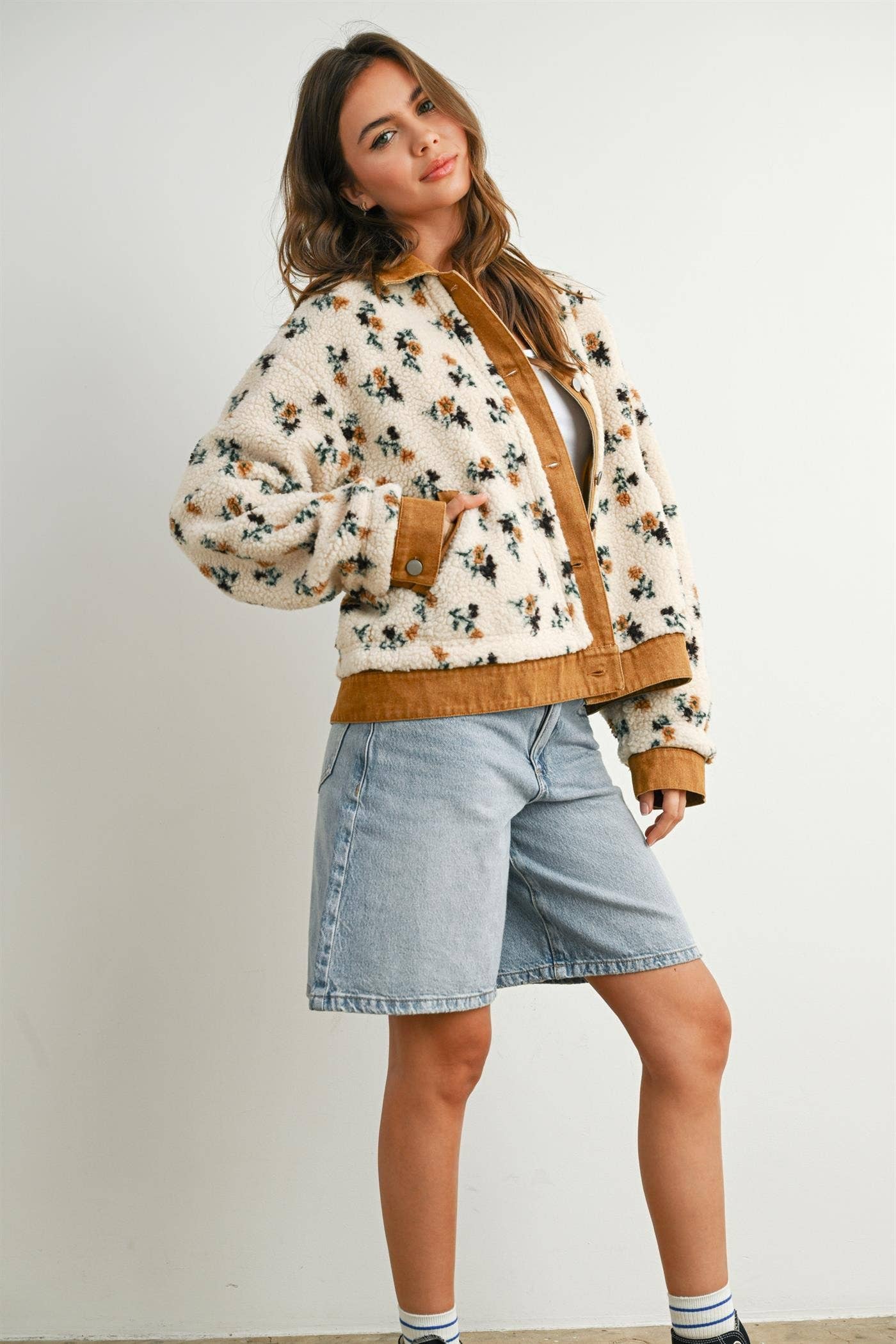 Floral Fleece Snap Jacket with Twill Trim
