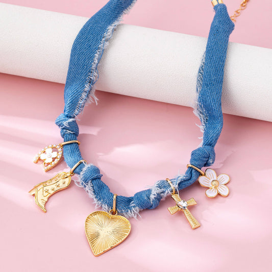 Western Denim Cowboy Boot & Cross Charm Necklace | 80N92859