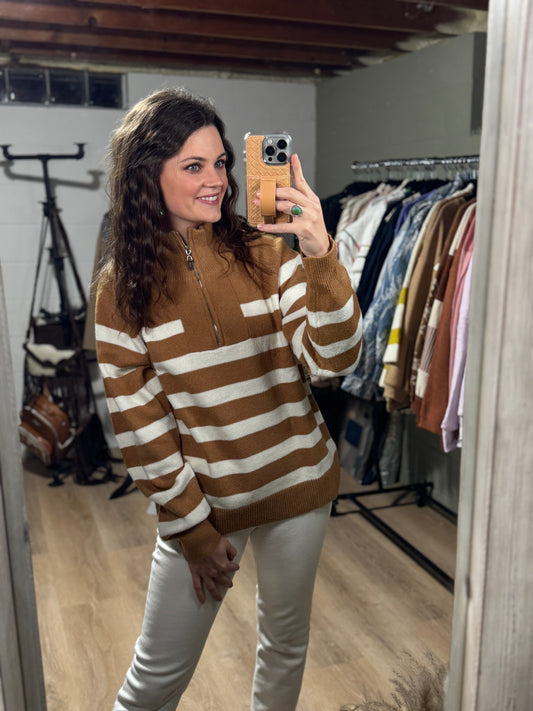 Simple Striped Half-Zip Knit Sweater