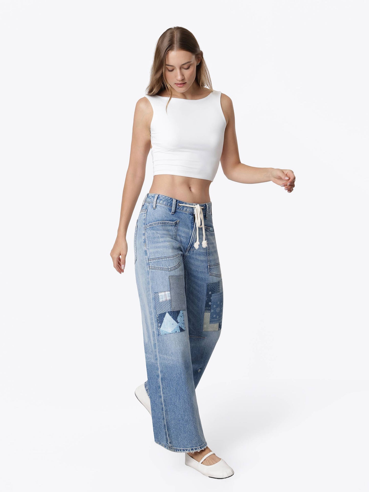 HIGH RISE PATCHWORK DETAIL WAIST TIE WIDE JEANS