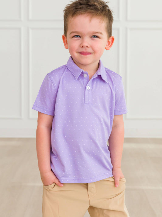 Boys Lavender Pin Dot Knit Short Sleeve Performance Polo