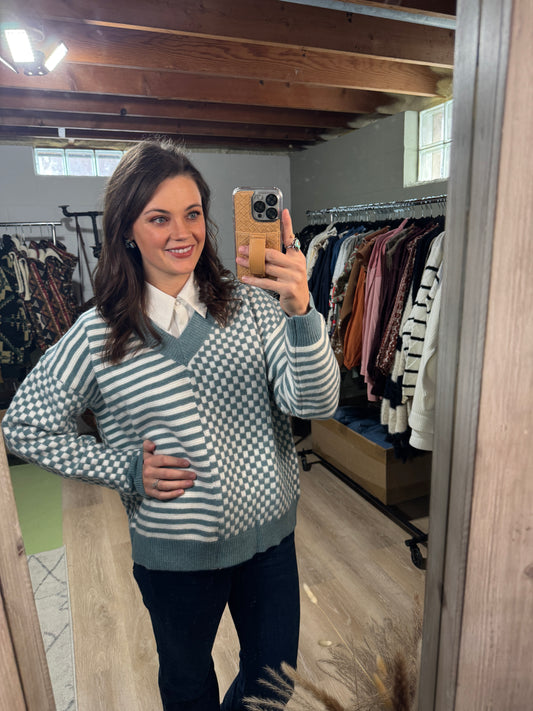 The Fabulous Frenchie Checkered Sweater in Blue and Ivory