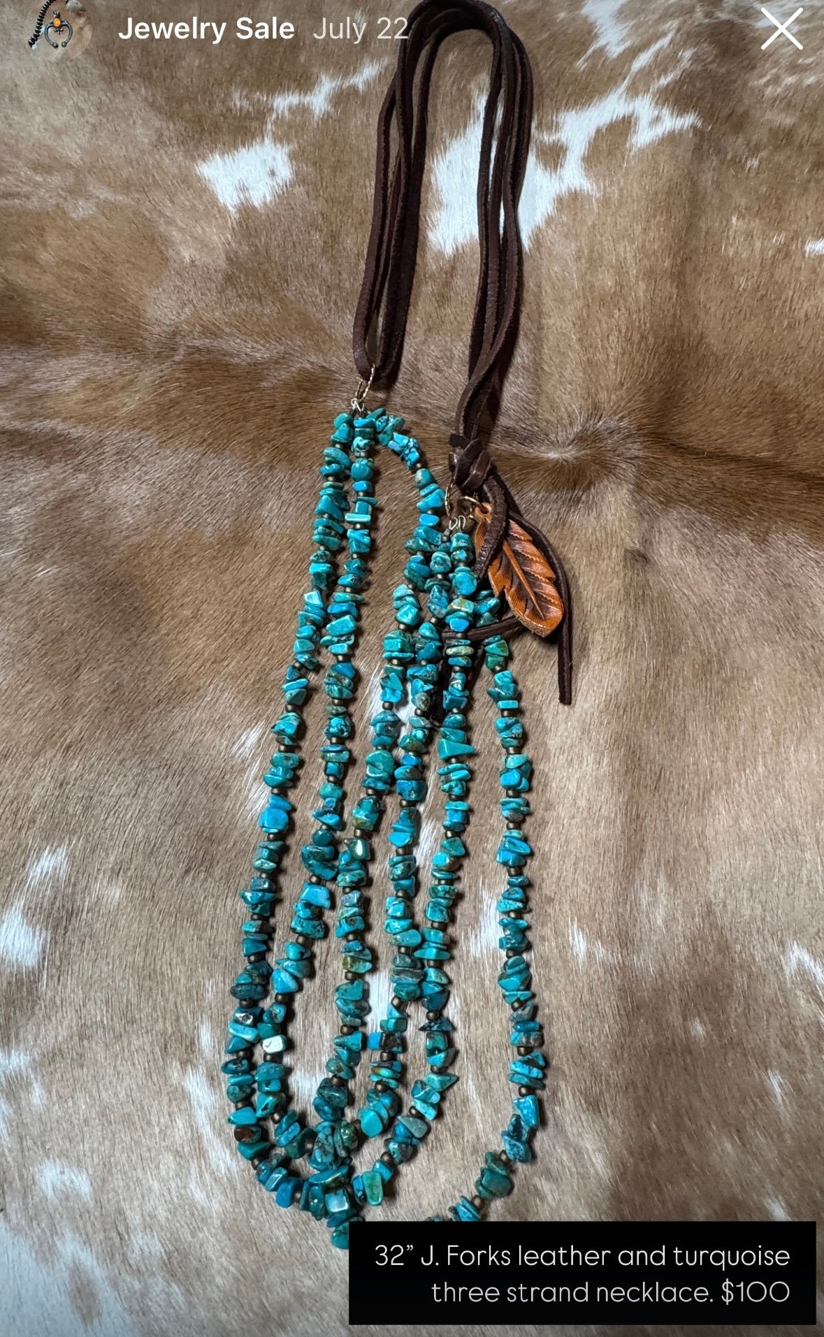 32” J.Forks Three Strand Turquoise Necklace with Leather Feather