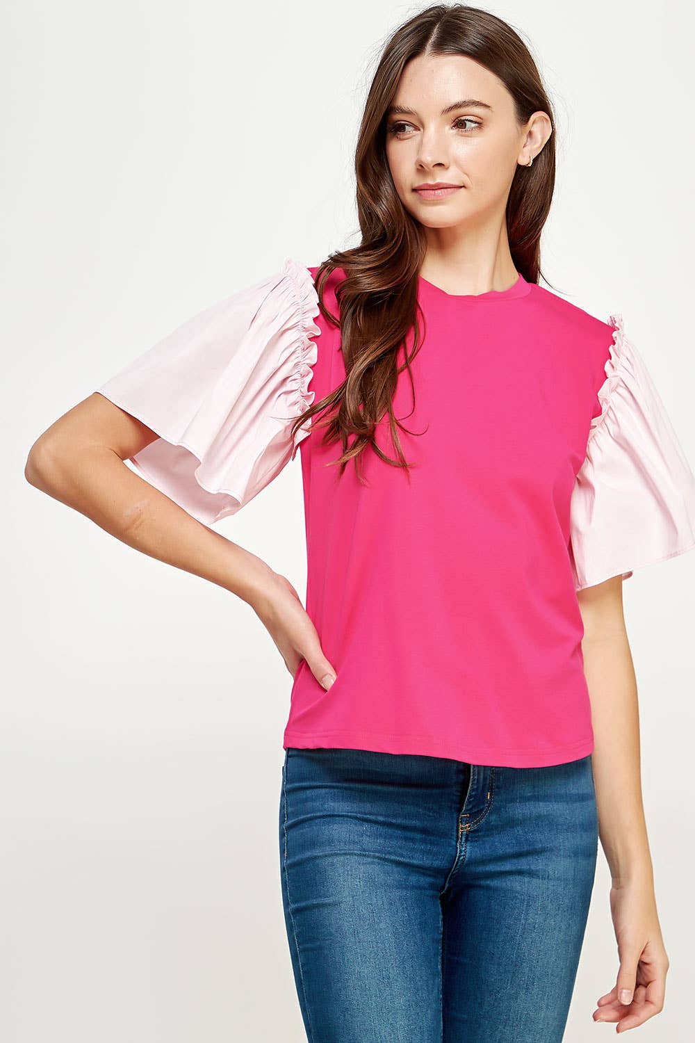 The Fireworks Poplin Ruffle Sleeve Knit Top