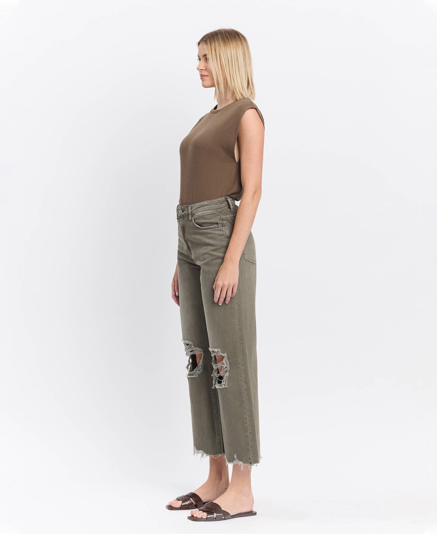 90'S VINTAGE SUPER HIGH RISE CROP FLARE JEANS IN OLIVE