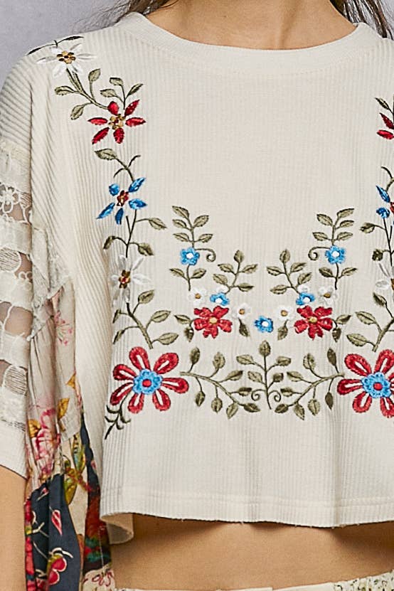 Boho Side Ruffle Detail Floral Embroidery Thermal Top