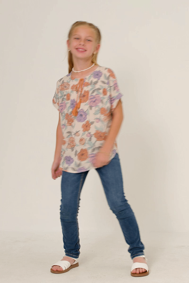 Girls Romantic Floral Tassled Short Sleeve Dolman