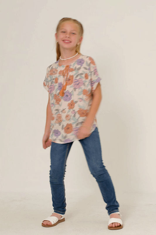 Girls Romantic Floral Tassled Short Sleeve Dolman