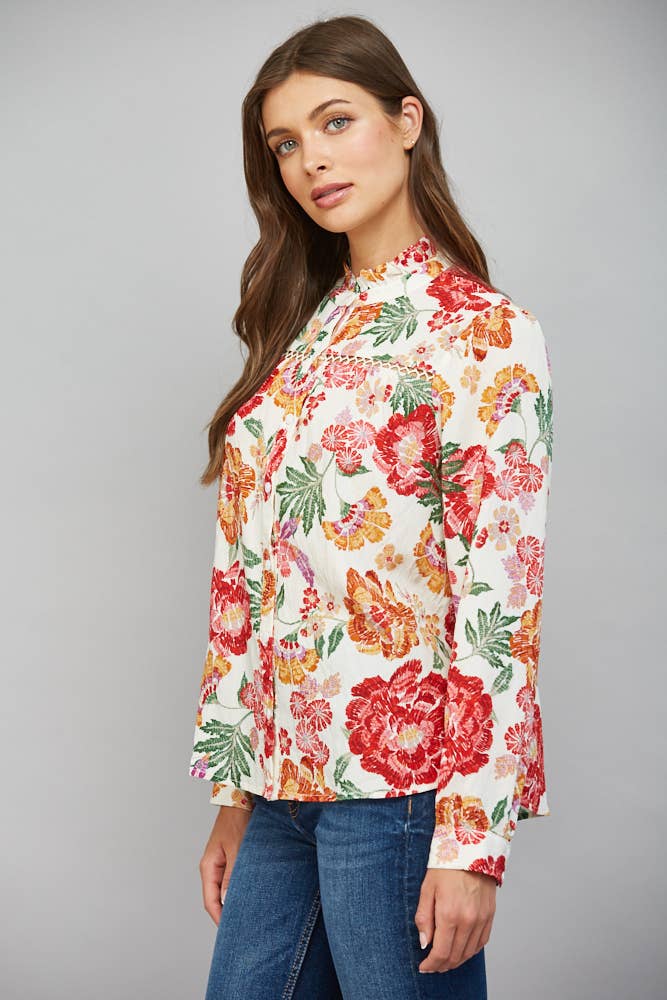The Lady with Lace Cream Floral Blouse