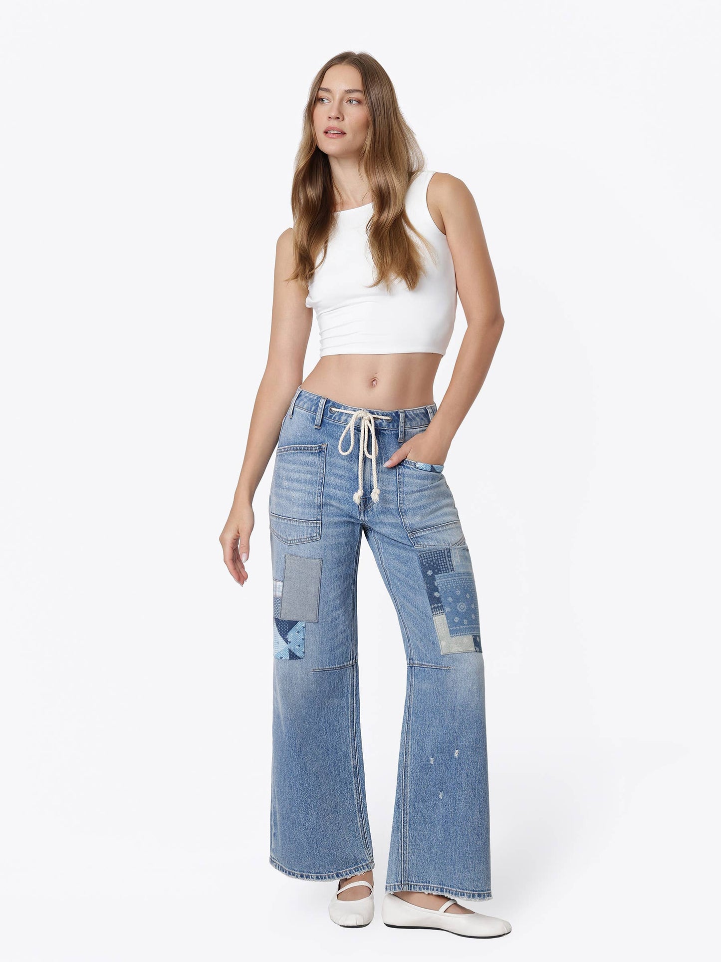 HIGH RISE PATCHWORK DETAIL WAIST TIE WIDE JEANS