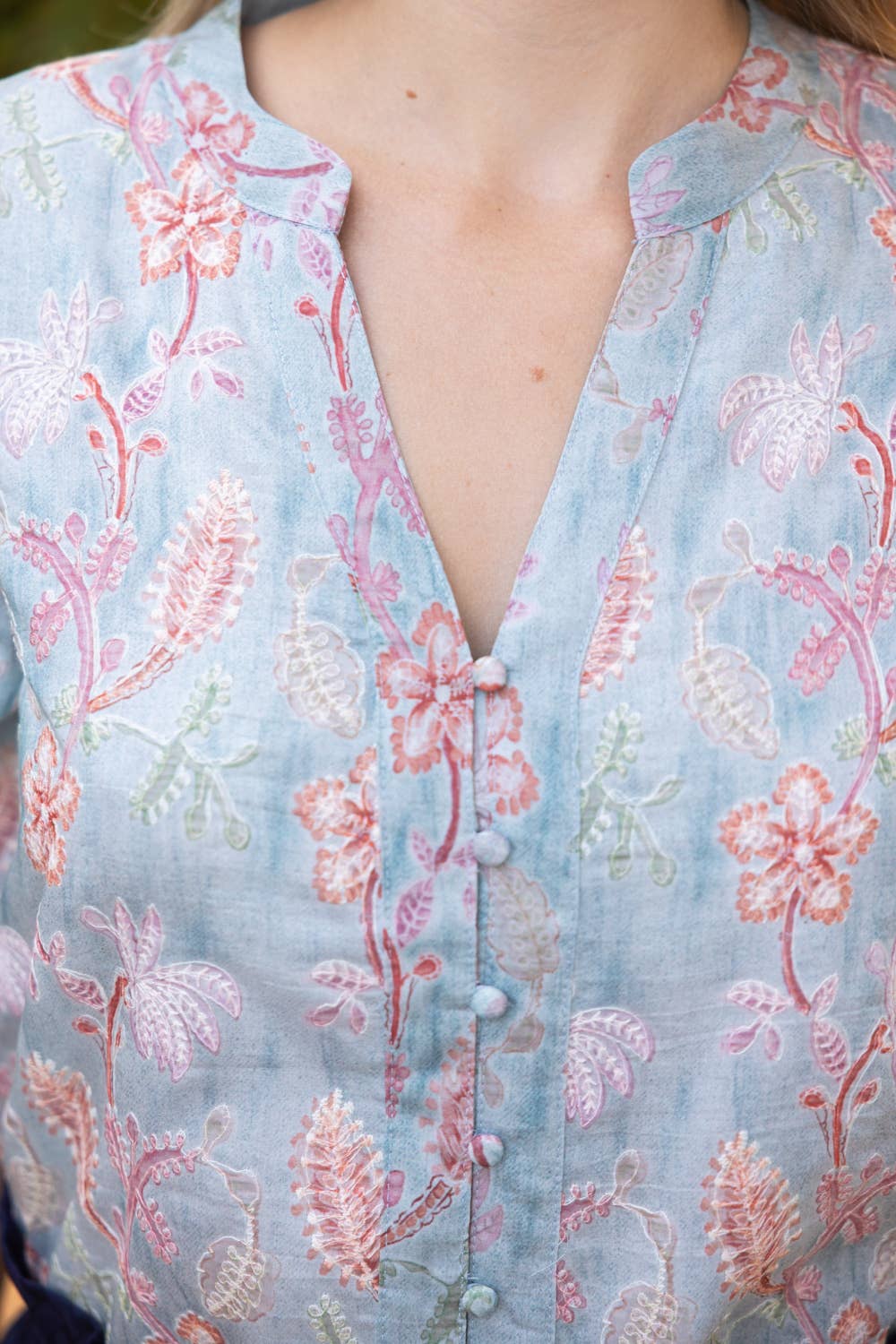 Floral Punch Embroidered Detail Button Down Top