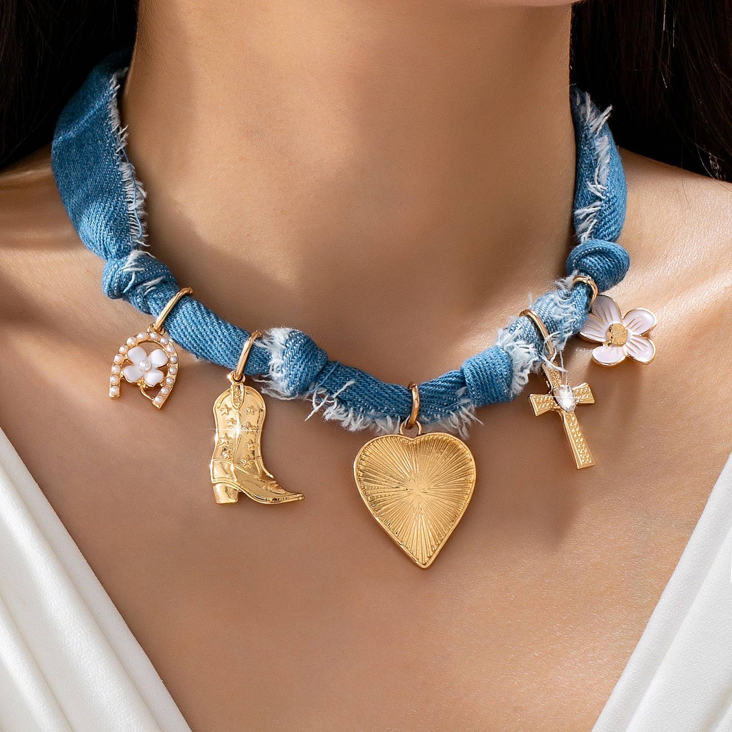 Western Denim Cowboy Boot & Cross Charm Necklace | 80N92859