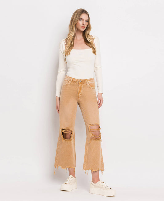90'S VINTAGE SUPER HIGH RISE CROP FLARE JEANS IN GOLD
