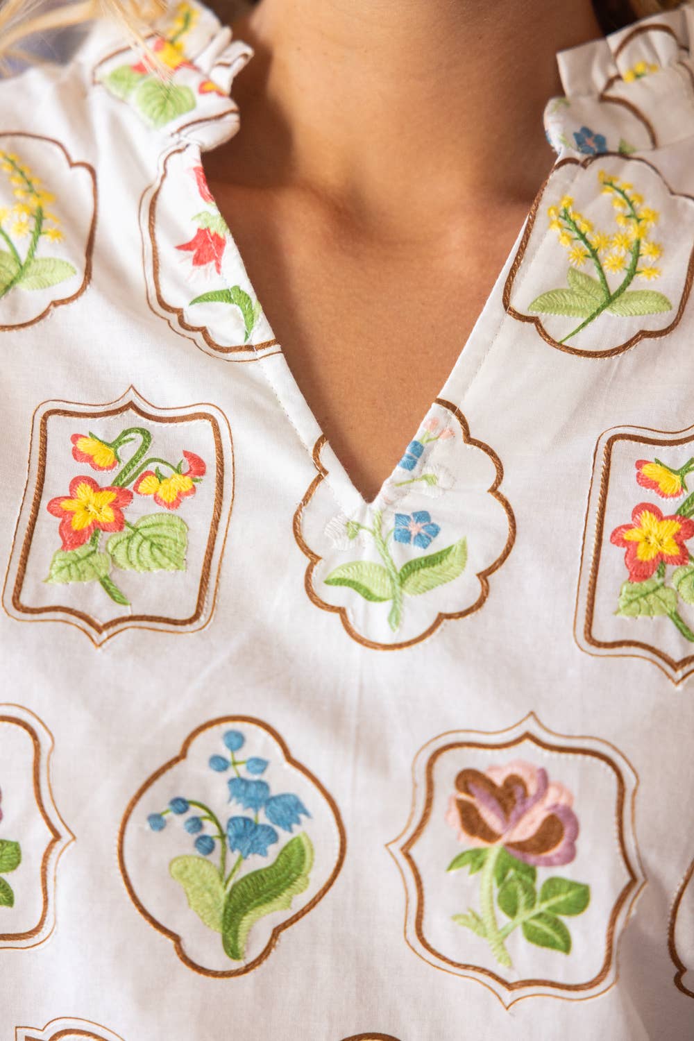 Framed Floral Embroidered V-Neck Top