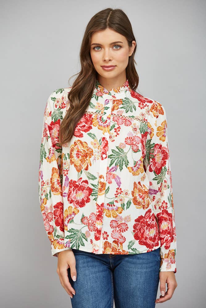 The Lady with Lace Cream Floral Blouse