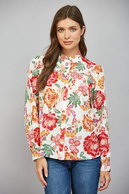 The Lady with Lace Cream Floral Blouse