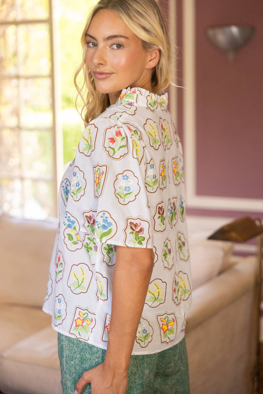 Framed Floral Embroidered V-Neck Top