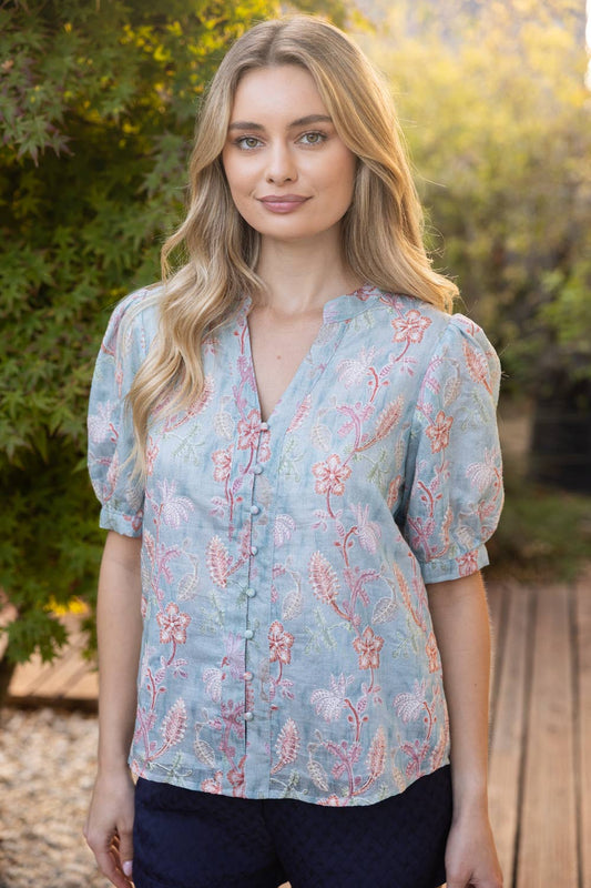 Floral Punch Embroidered Detail Button Down Top