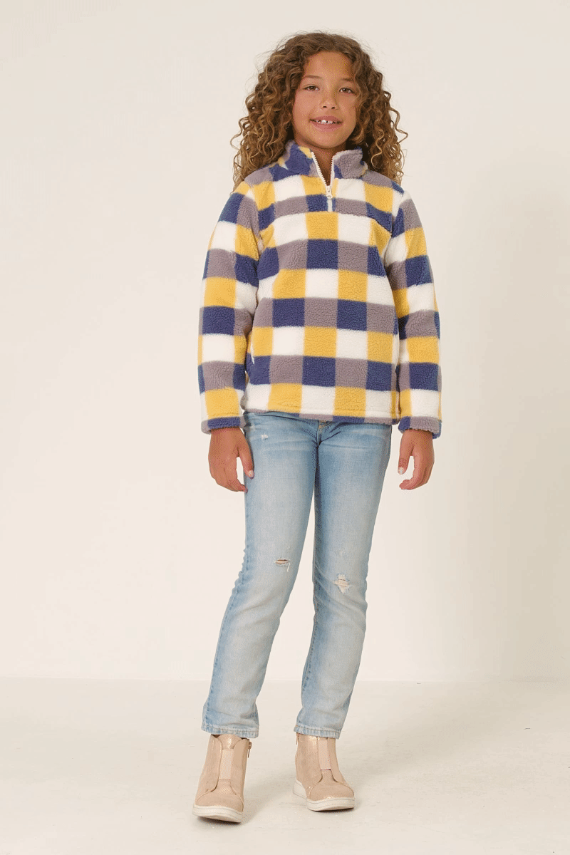 Girls Zip Up Mock Neck Plaid Fleece Top