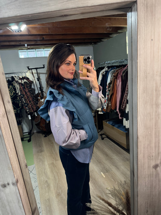 The Denim Dak Ruffle Trim Puffer Vest