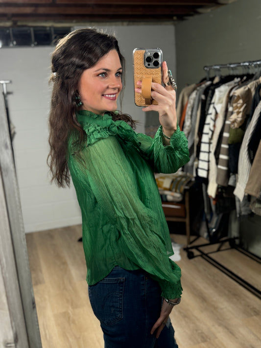 The Baddie Balloon Sleeve Blouse in Kelly Green