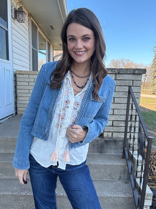 The Brandywine Braided Trim Denim Blazer