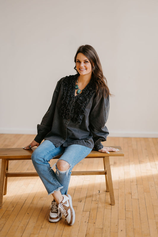 The Making a Statement Ruffle Button Down in Black