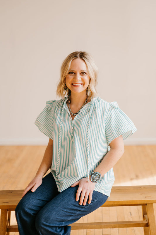 The Daisy Stripe Blouse in Aqua