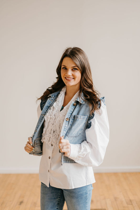 The Making a Statement Ruffle Button Down in White