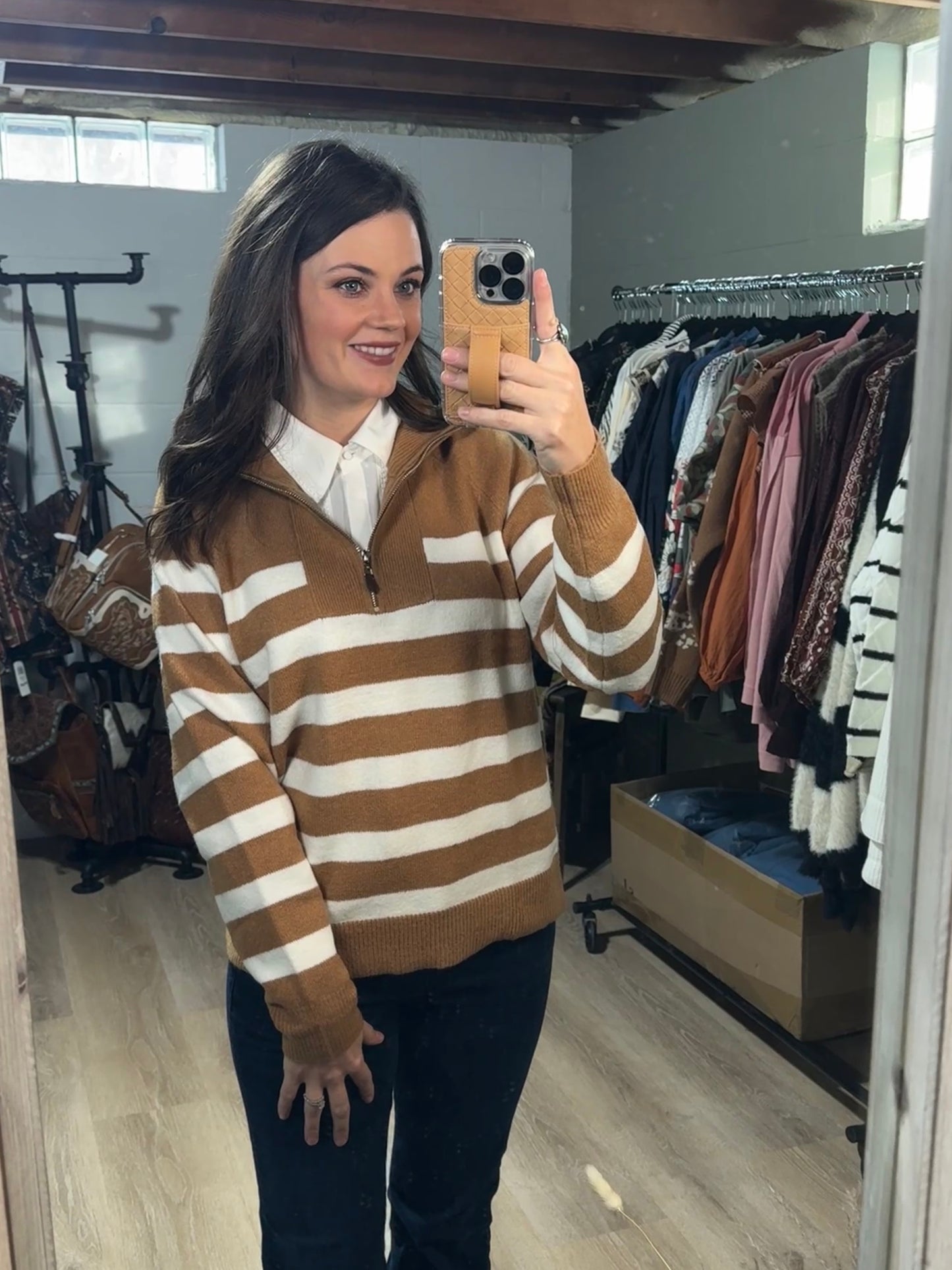 Simple Striped Half-Zip Knit Sweater