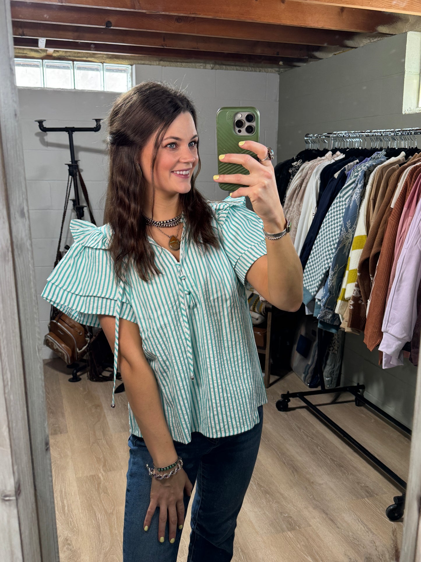 The Daisy Stripe Blouse in Aqua