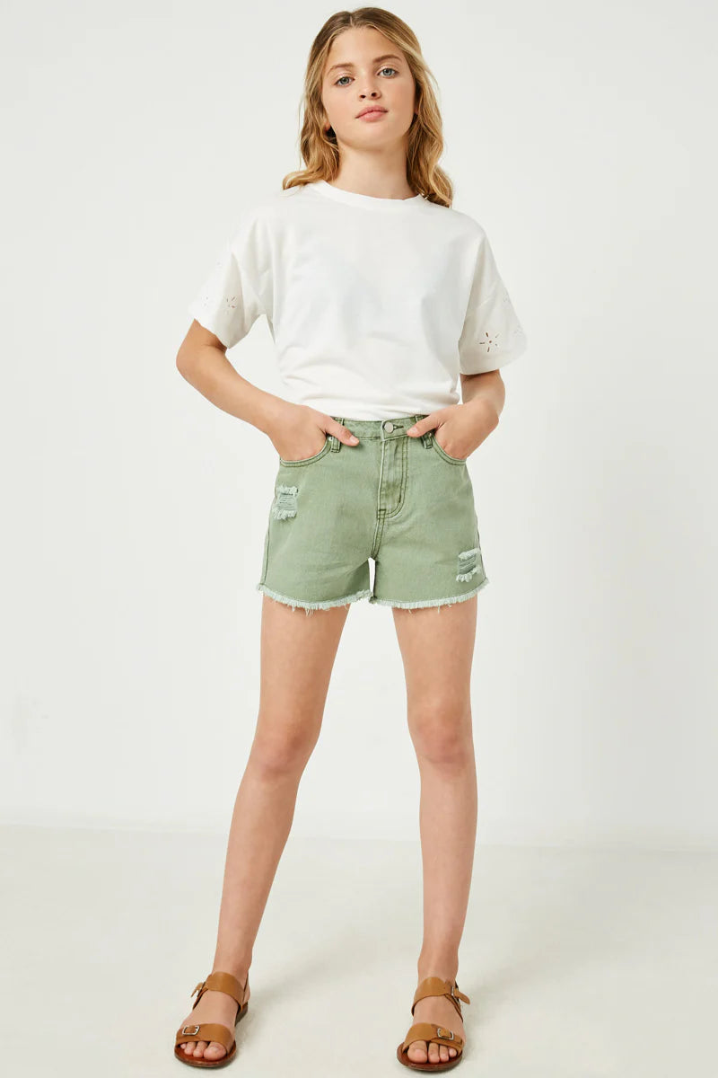 Girls Distressed Washed Color Denim Shorts