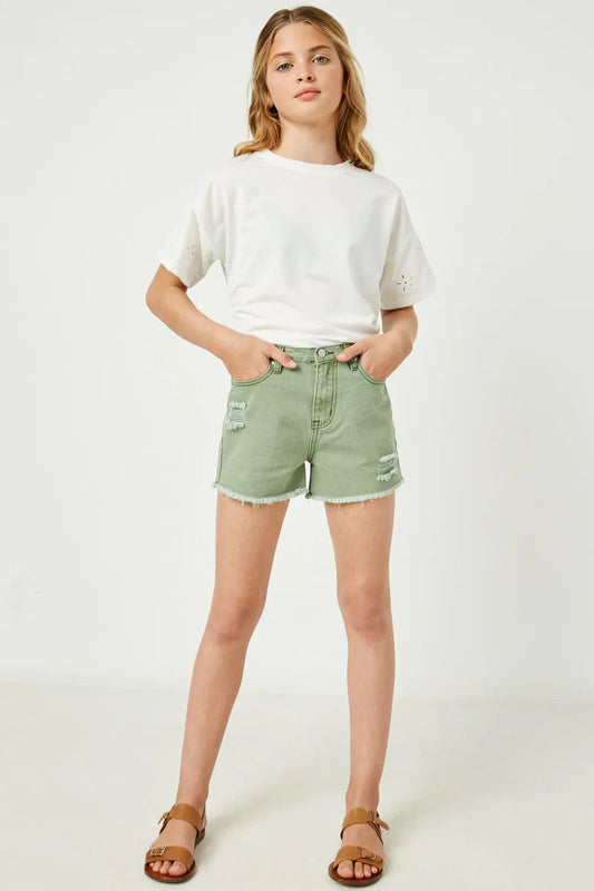 Girls Distressed Washed Color Denim Shorts
