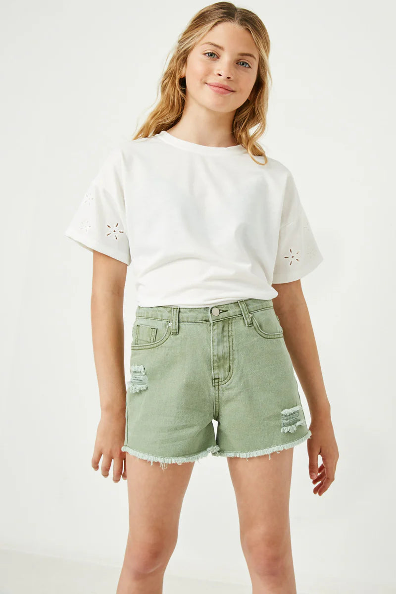 Girls Distressed Washed Color Denim Shorts