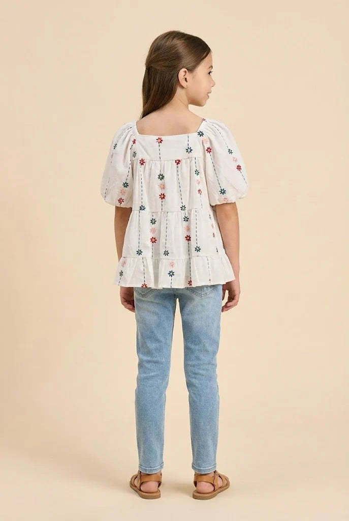 Girls Floral Embroidered Puff Sleeve Tiered Top