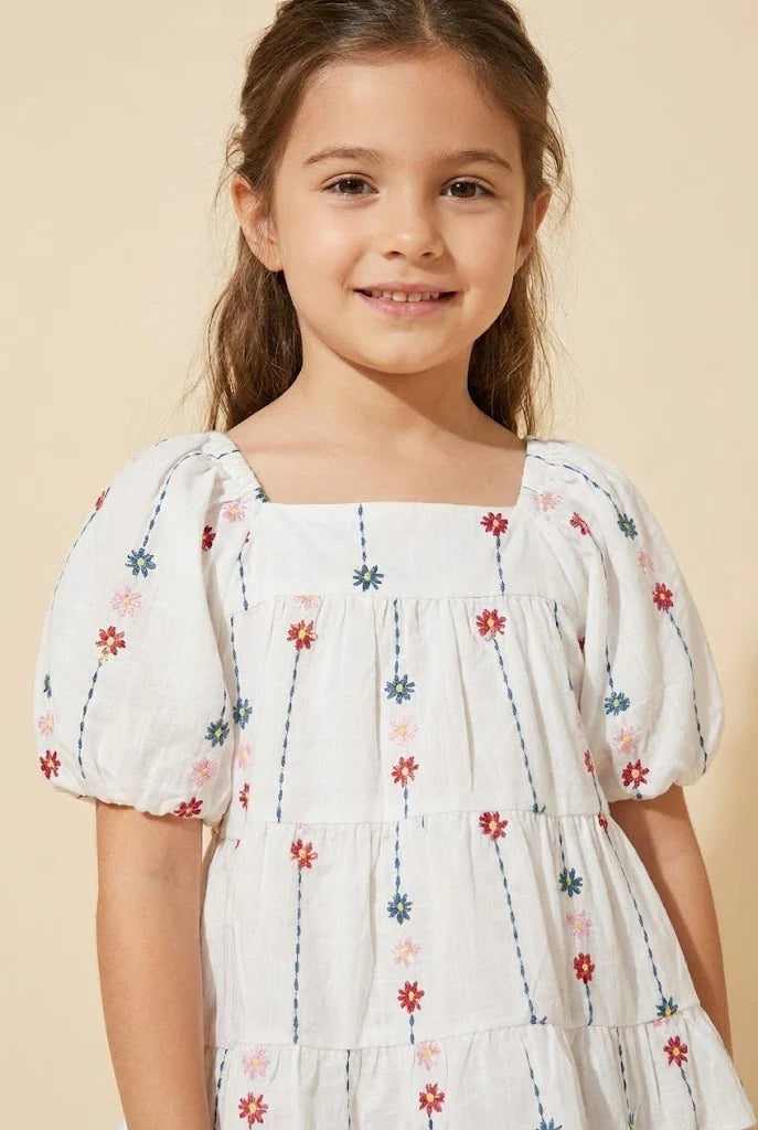 Girls Floral Embroidered Puff Sleeve Tiered Top