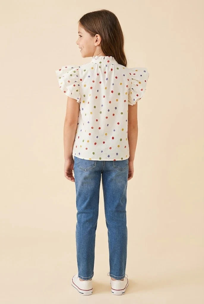 Girls Multicolor Polka Dot Pleated Blouse