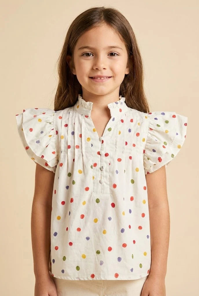 Girls Multicolor Polka Dot Pleated Blouse