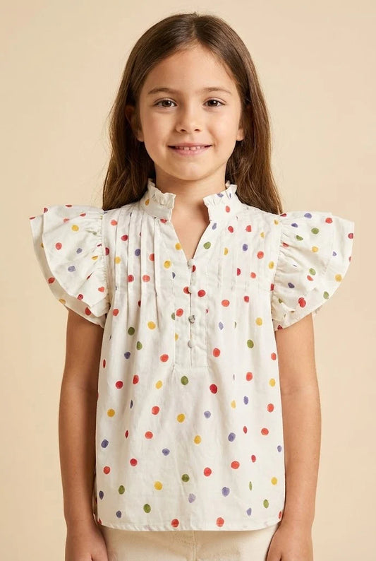 Girls Multicolor Polka Dot Pleated Blouse